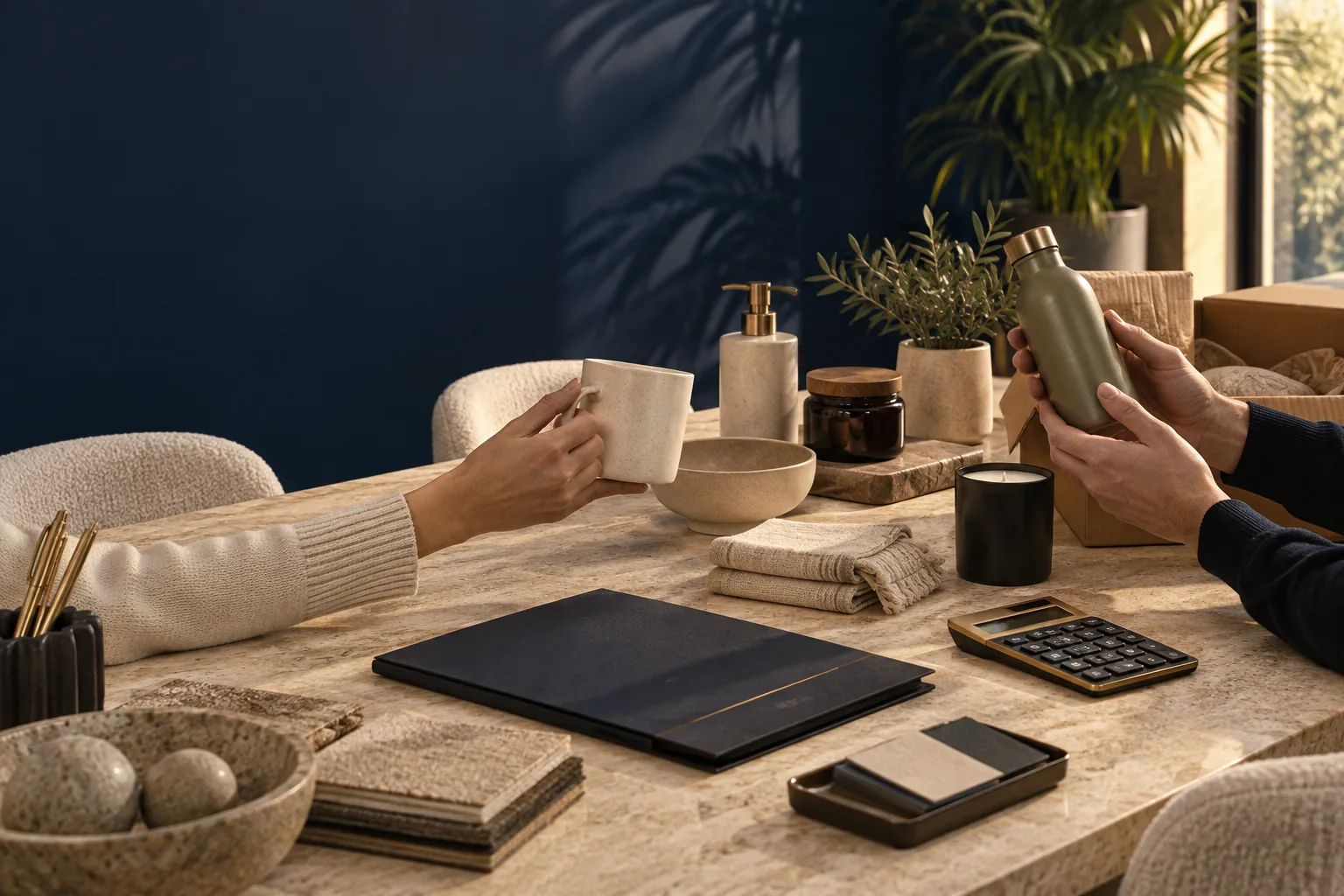 Partners reviewing consumer products at a buying table