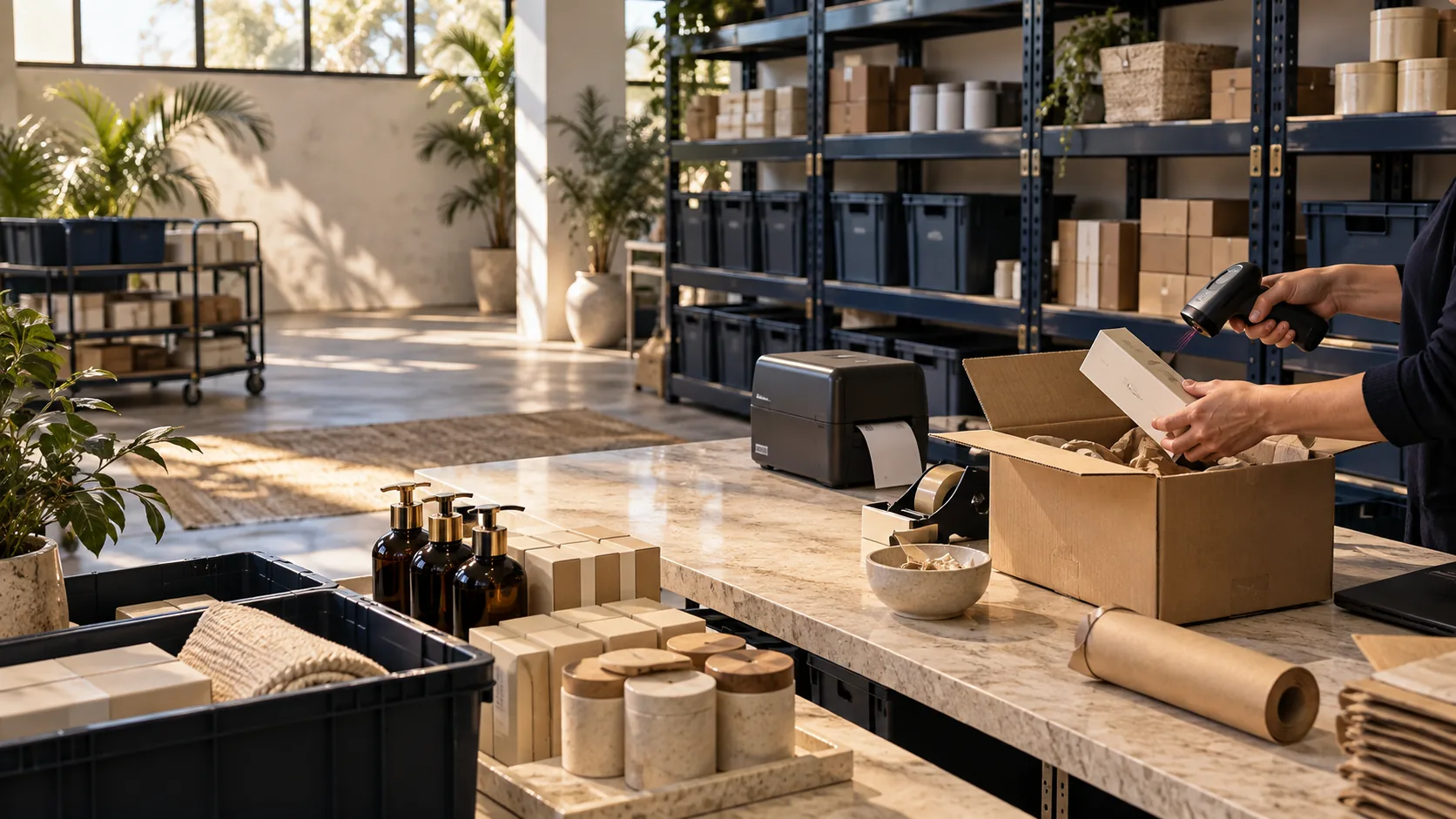 Products being scanned and packed for fulfillment