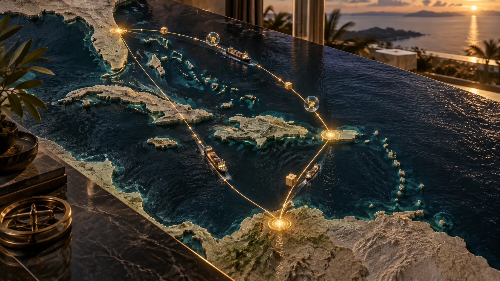 Conceptual Caribbean routes connecting Florida, Puerto Rico and Colombia