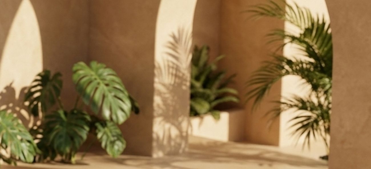 Sunlit travertine archways with monstera and hard palm-frond shadows