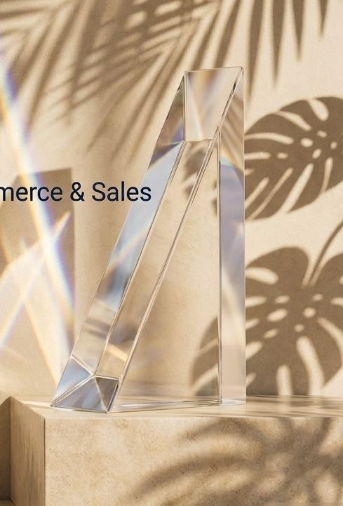 A crystal prism on travertine splitting light, under palm shadows